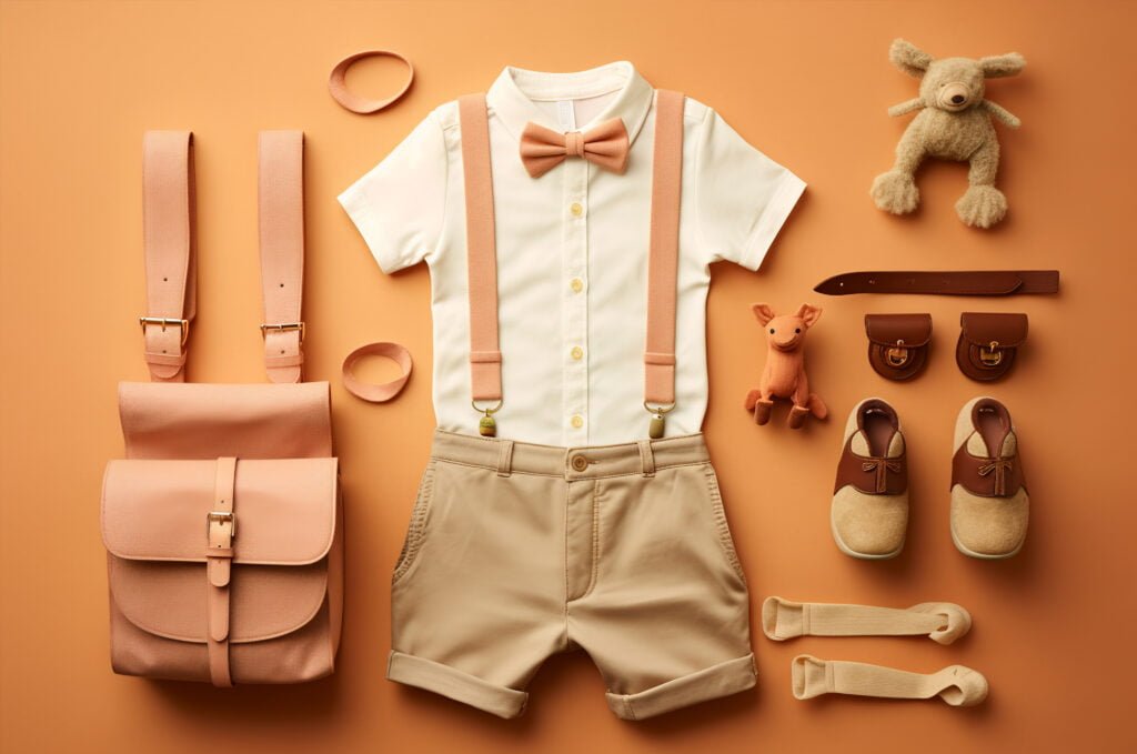 Flat-lay baby clothes and accessories